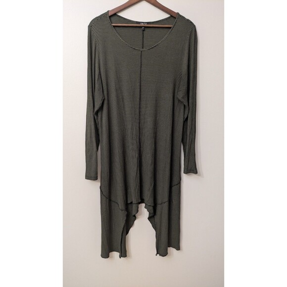 Comfy USA Tunic Top Large Shark Bite Hem Stretch Striped Artsy Lagenlook Rayon - Picture 1 of 7